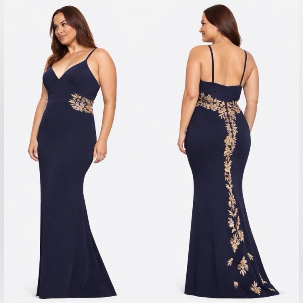 Faviana Formal Long Gown Navy Gold Beaded Embroidered Gala 14W NEW $595